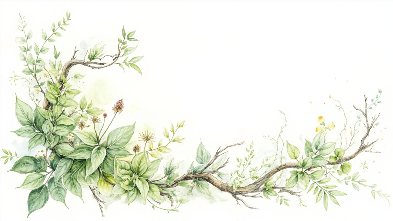Hand-drawn colored pencil botanical illustration with lush green plants and delicate vines